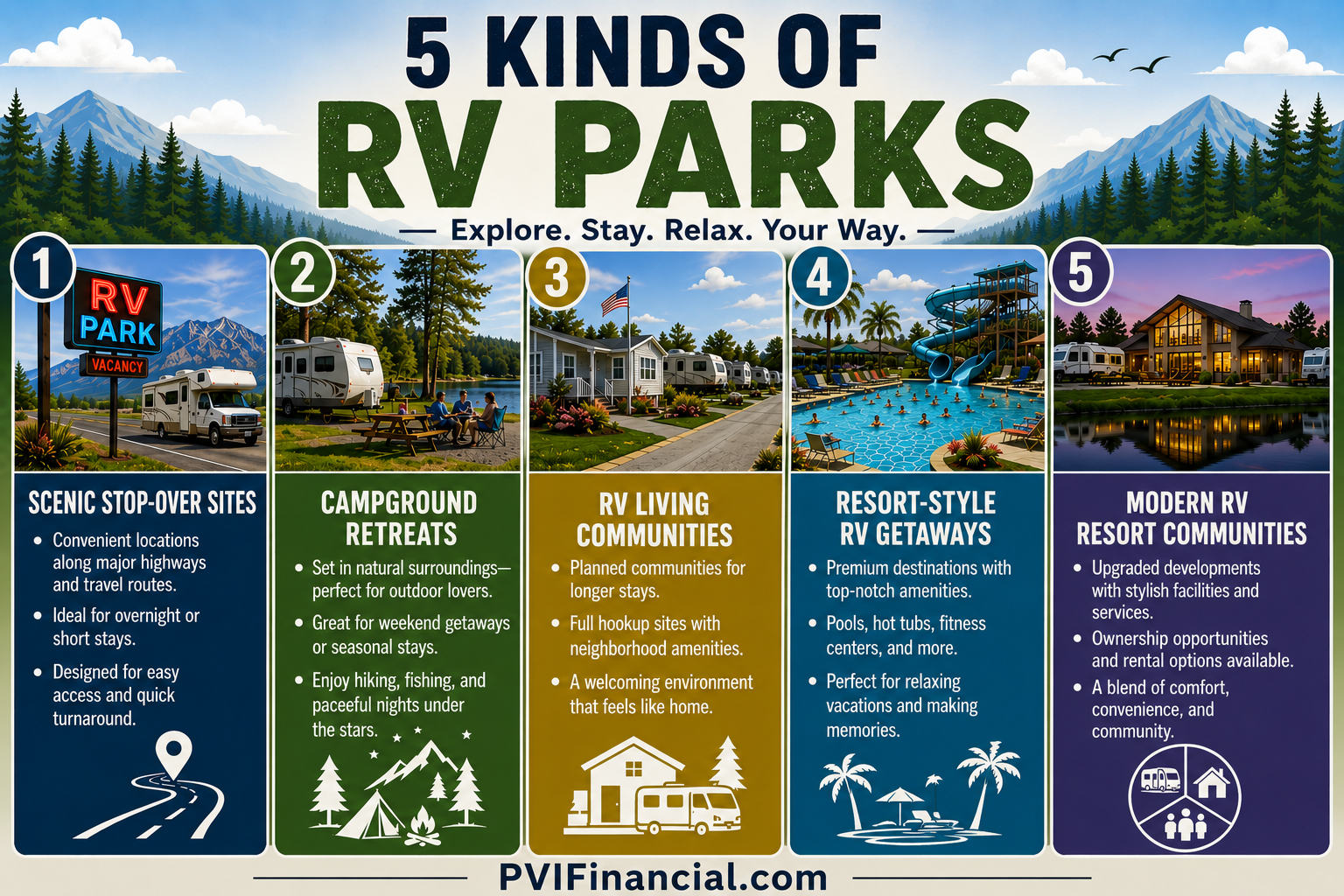 Infographic showing 5 kinds of RV destinations: scenic stop-over sites, campground retreats, RV living communities, resort-style RV getaways, and modern RV resort communities, with key characteristics of each. Created by PVI Financial.