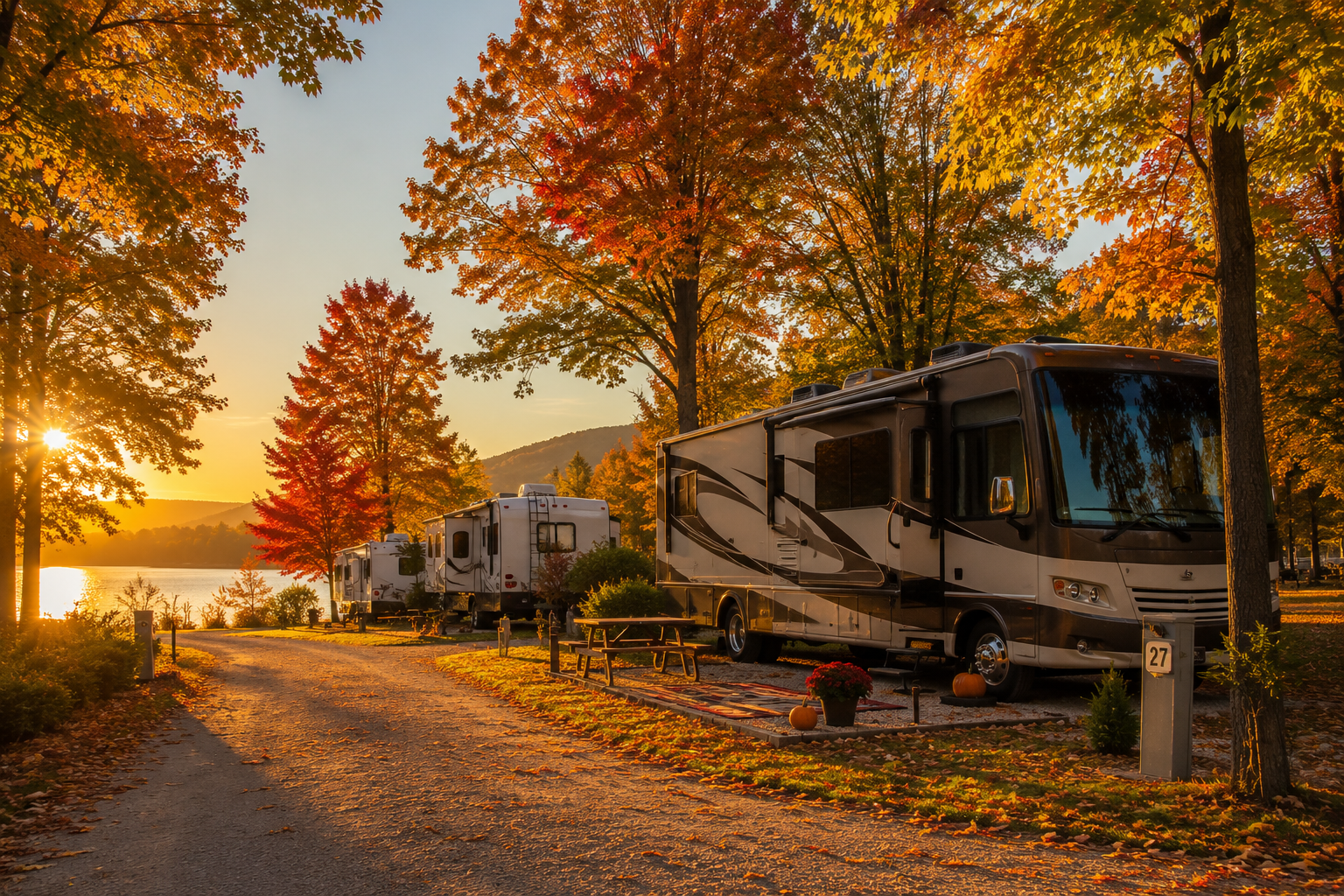 A peaceful RV park during autumn features a few RVs parked beneath vibrant fall foliage glowing in warm sunset light. A quiet gravel road winds through the campground beside a calm lake, creating a serene shoulder-season atmosphere with colorful trees, soft golden lighting, and plenty of open space.