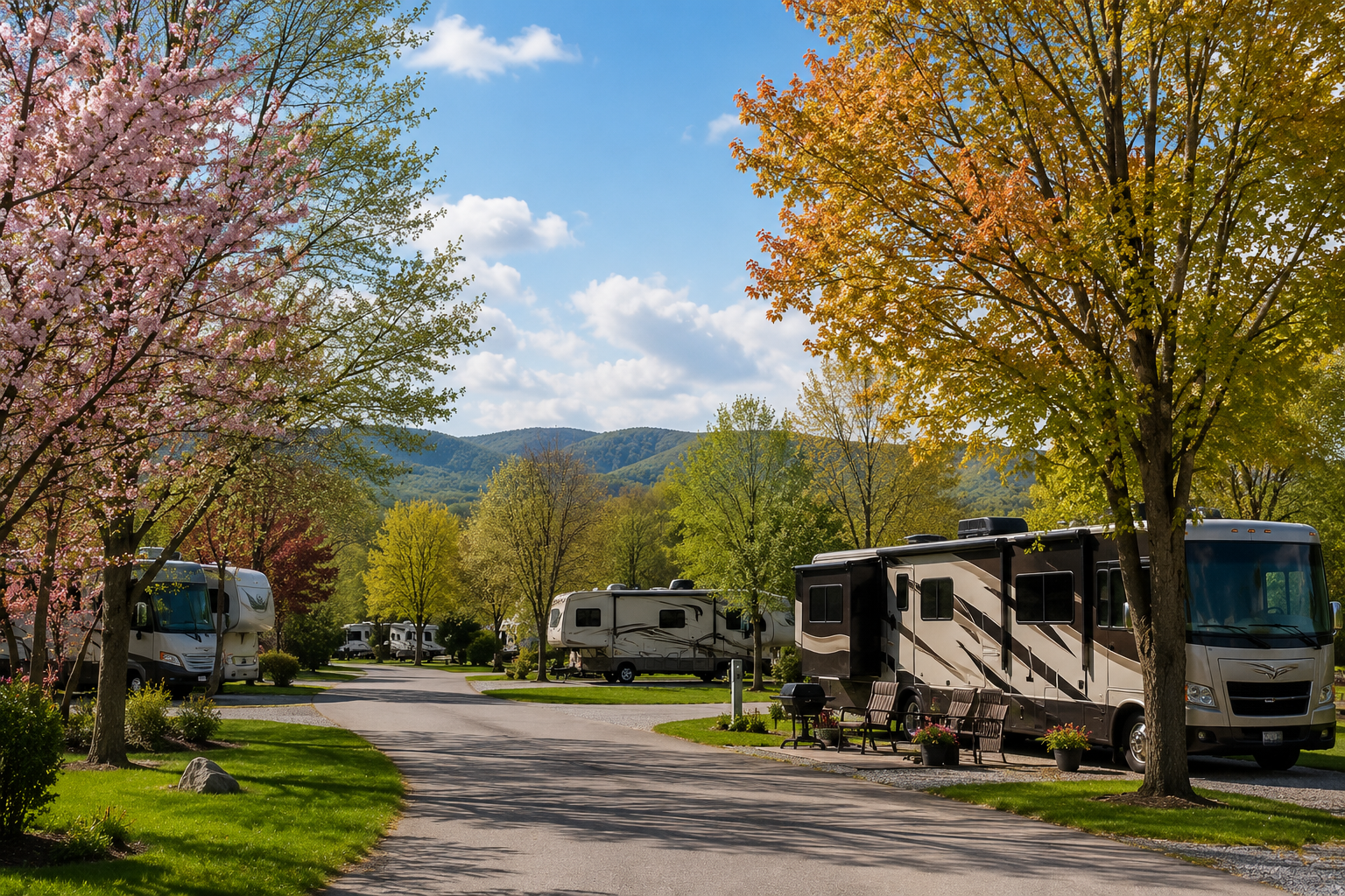 A peaceful RV park during shoulder season, featuring a handful of RVs parked along a quiet, tree-lined road. Some trees display fresh spring blossoms while others show early autumn colors, creating a mix of seasonal hues. The park is well maintained with green grass, open skies, and distant hills in the background. The atmosphere feels calm and inviting, conveying the beauty and slower pace of early fall or late spring without appearing empty.