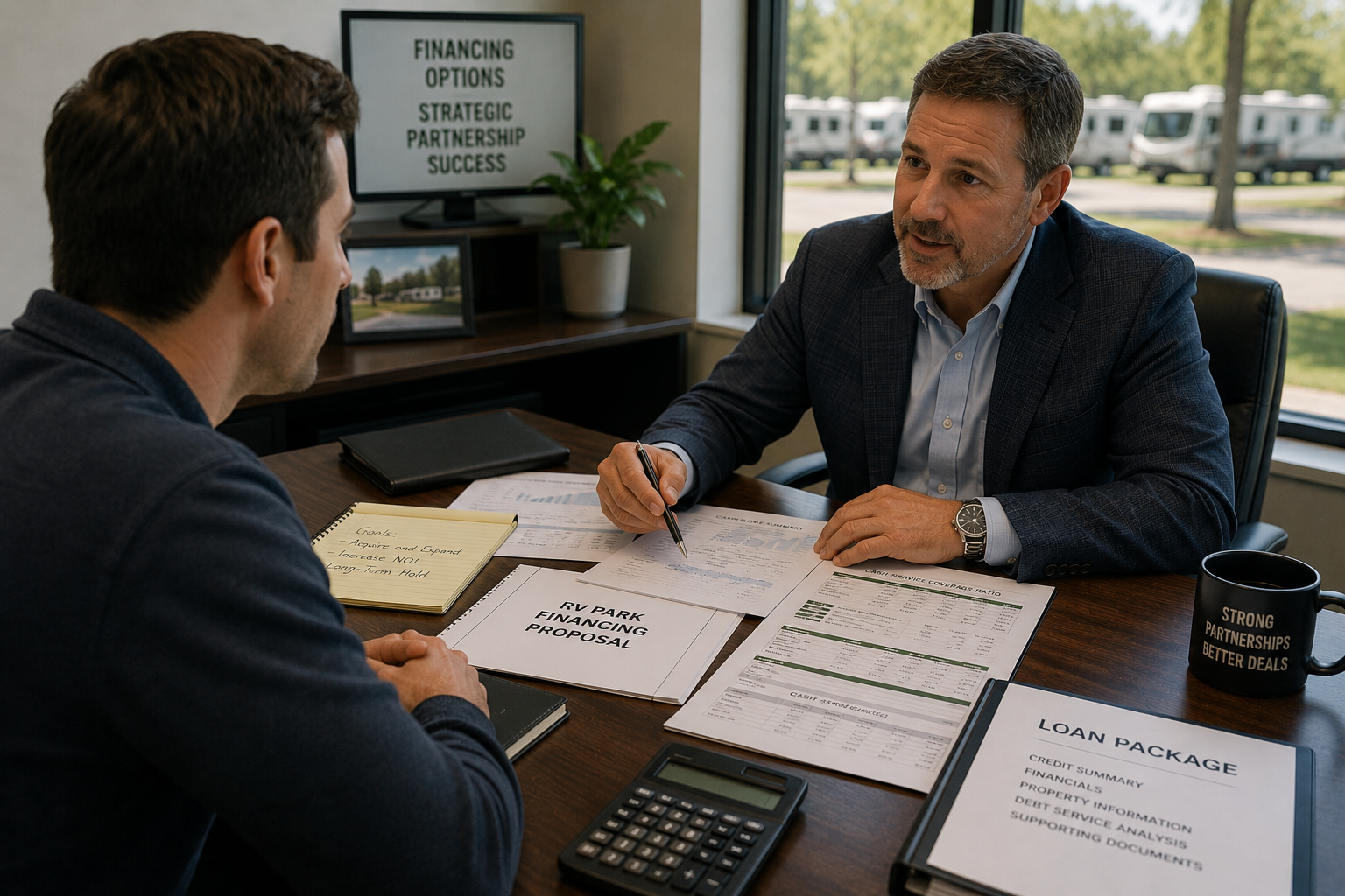 How to finance an RV park: A buyer meets with a lender across a desk covered with loan documents, financial reports, and a calculator as they discuss financing options for an RV park purchase. Both appear engaged and professional, illustrating the loan application, underwriting, and funding process for commercial RV park financing.