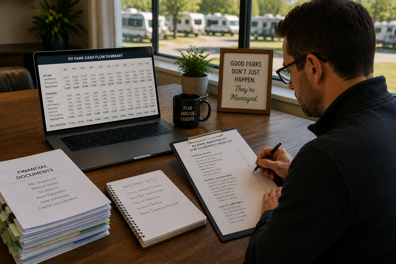 A focused investor sits at a desk reviewing a printed RV park due diligence checklist on a clipboard while taking notes with a pen. An open laptop displays a cash flow spreadsheet, with a stack of financial documents and a notebook nearby. The organized workspace and view of an RV park outside reinforce the importance of careful financial analysis, documentation, and thorough due diligence before purchasing an RV park.