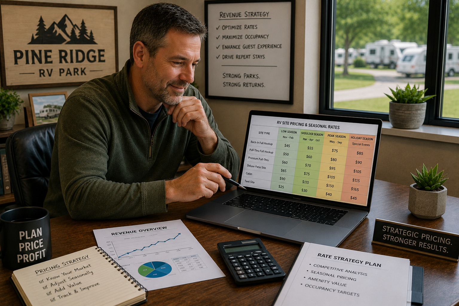 A confident RV park owner reviews a laptop displaying a seasonal pricing spreadsheet with rate columns highlighted for peak, shoulder, and off-season periods. Financial reports, a calculator, and planning documents on the desk illustrate a strategic RV park pricing strategy designed to optimize occupancy, maximize revenue, and improve long-term profitability.