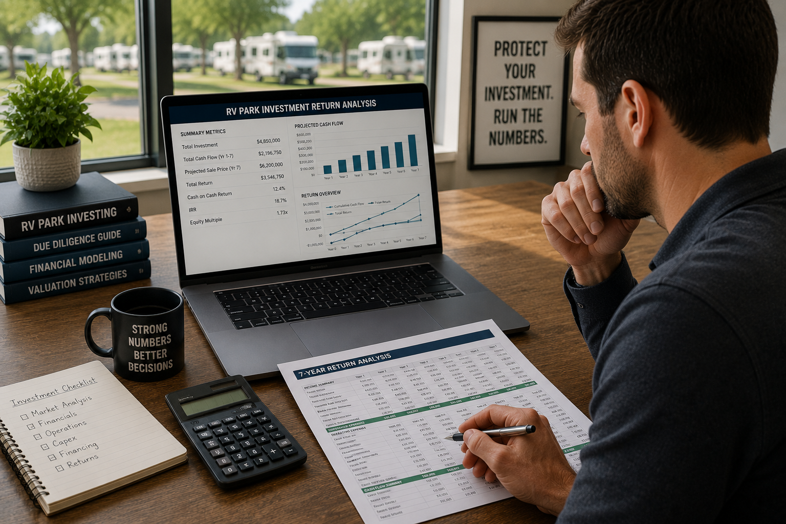RV park return on investment: An investor reviews a multi-page return analysis on a laptop while comparing a printed financial model and using a calculator at a clean, organized desk. The workspace illustrates the process of analyzing projected cash flow, investment returns, and financial performance to evaluate the return on investment for an RV park acquisition.