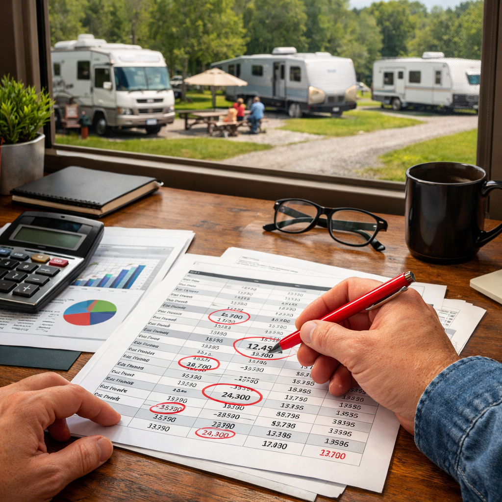 an investor sitting at a desk working on RV park financial due diligence. Papers on the desk with numbers circled in red and an RV Park in the background.