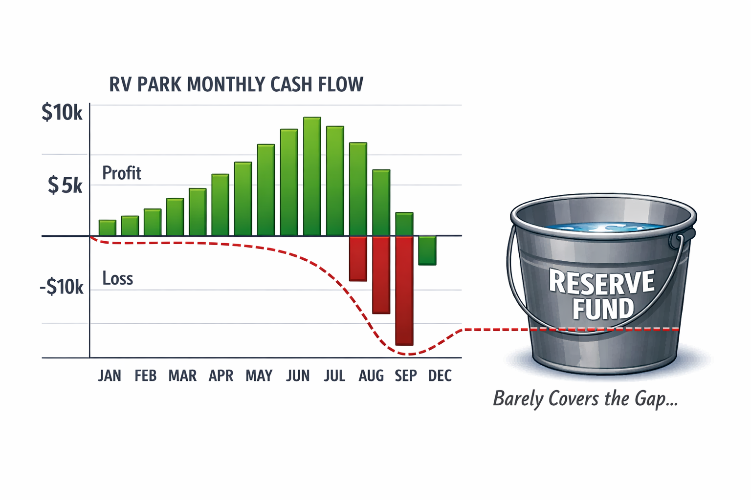 RV park cash flow planning — A bar chart titled “RV Park Monthly Cash Flow” shows profits rising through summer and a sharp red dip in the off‑season, with a half‑filled metal bucket labeled “Reserve Fund” beside it, illustrating that the reserve barely covers the seasonal shortfall.