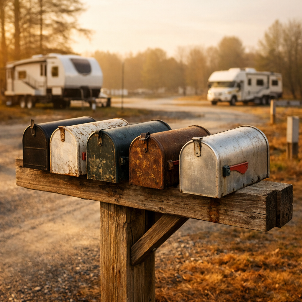 RV park mail policy mailboxes at the park entrance.