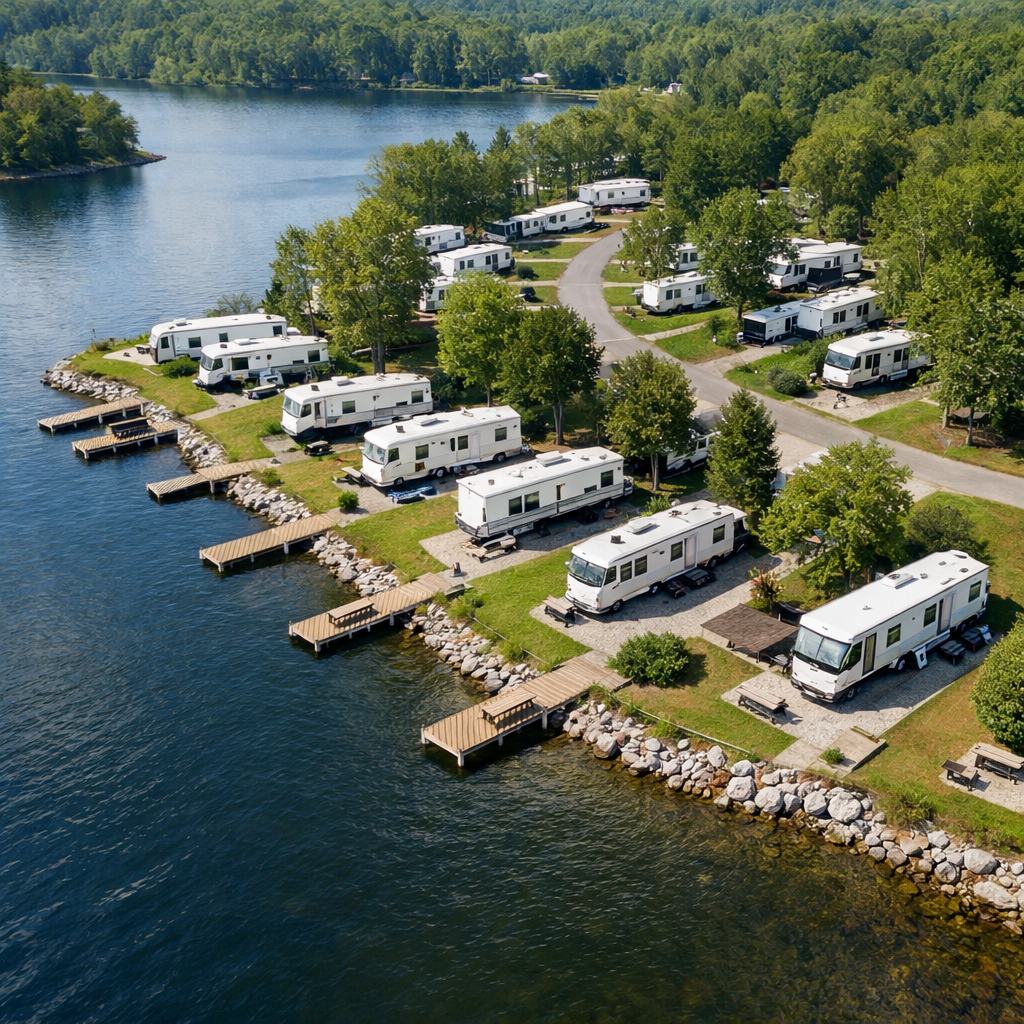 Aerial view of a waterfront RV park, featuring RV sites along a calm lake surrounded by lush trees and natural landscape, with no people visible. Perfect property for rv park investing.
