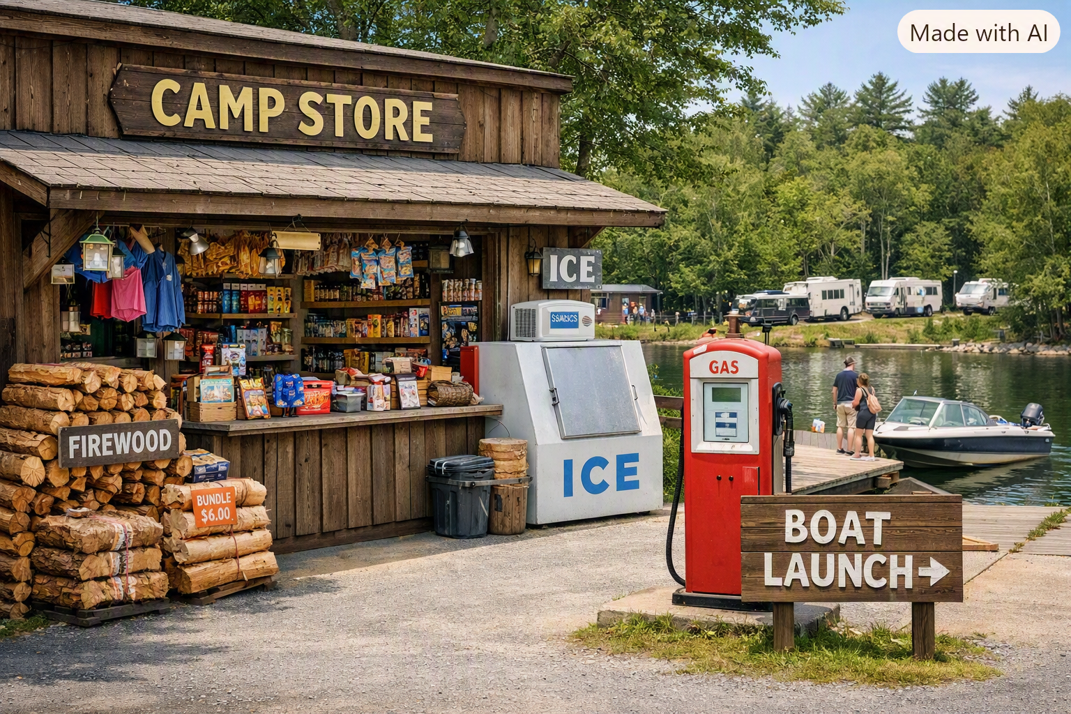 Photorealistic scene of a small rustic camp store with snacks, firewood bundles, ice chest, and camping merchandise displayed outside, with a vintage fuel pump and a boat launch area leading to a lake visible beside it showing all rv park ancillary revenue sources. RVs are parked among trees in the background.